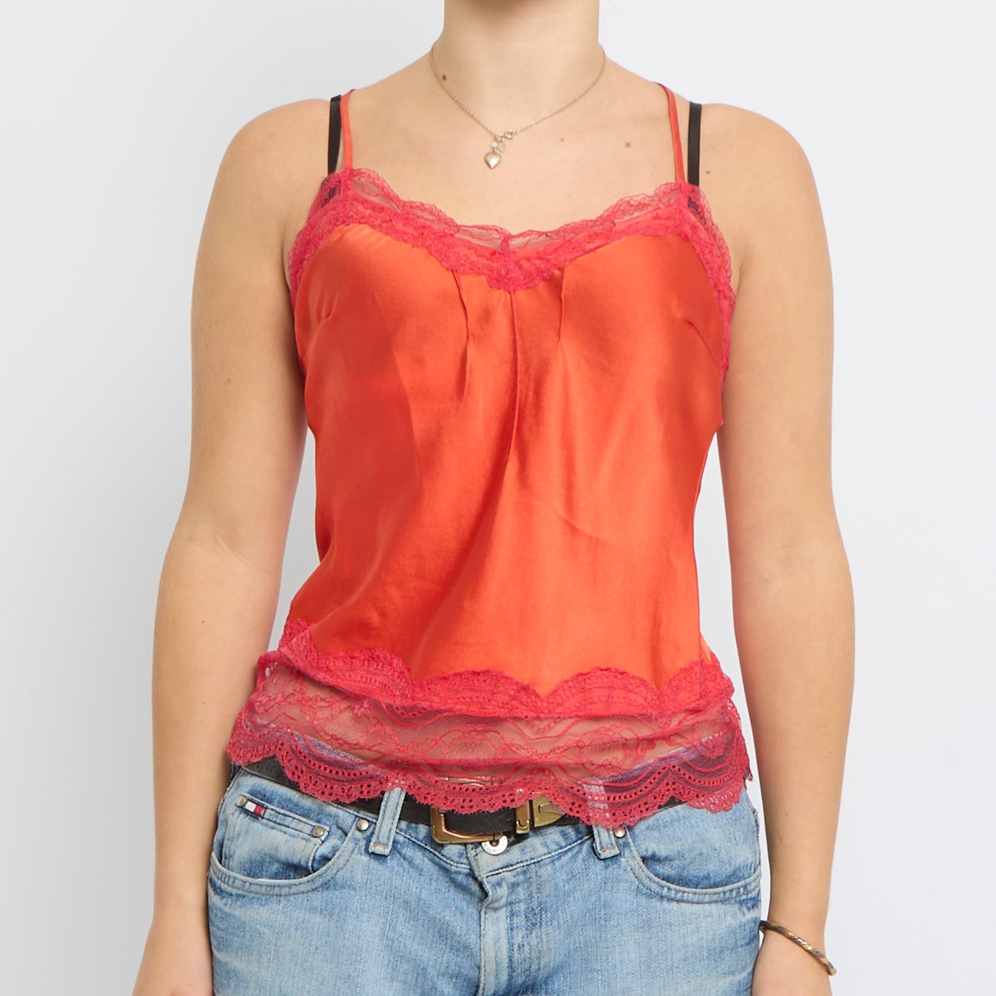 Lace Detail Satin Strappy Top - UK 8