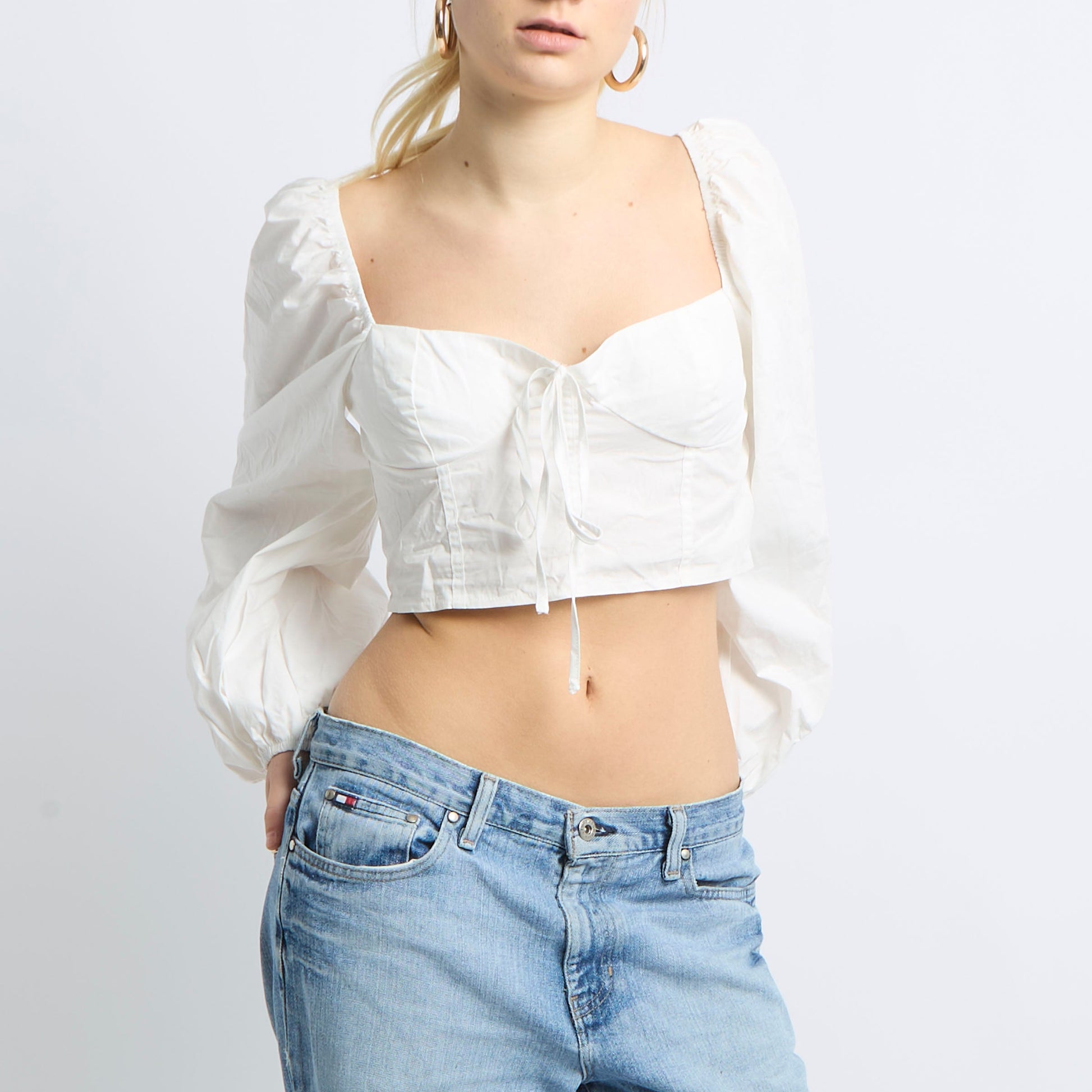 Puff Arm Cotton Cropped Top - UK 8