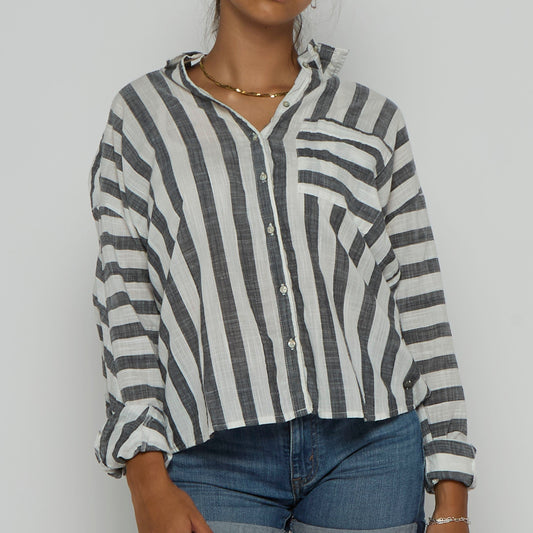 Striped Linen Collared Shirt - L